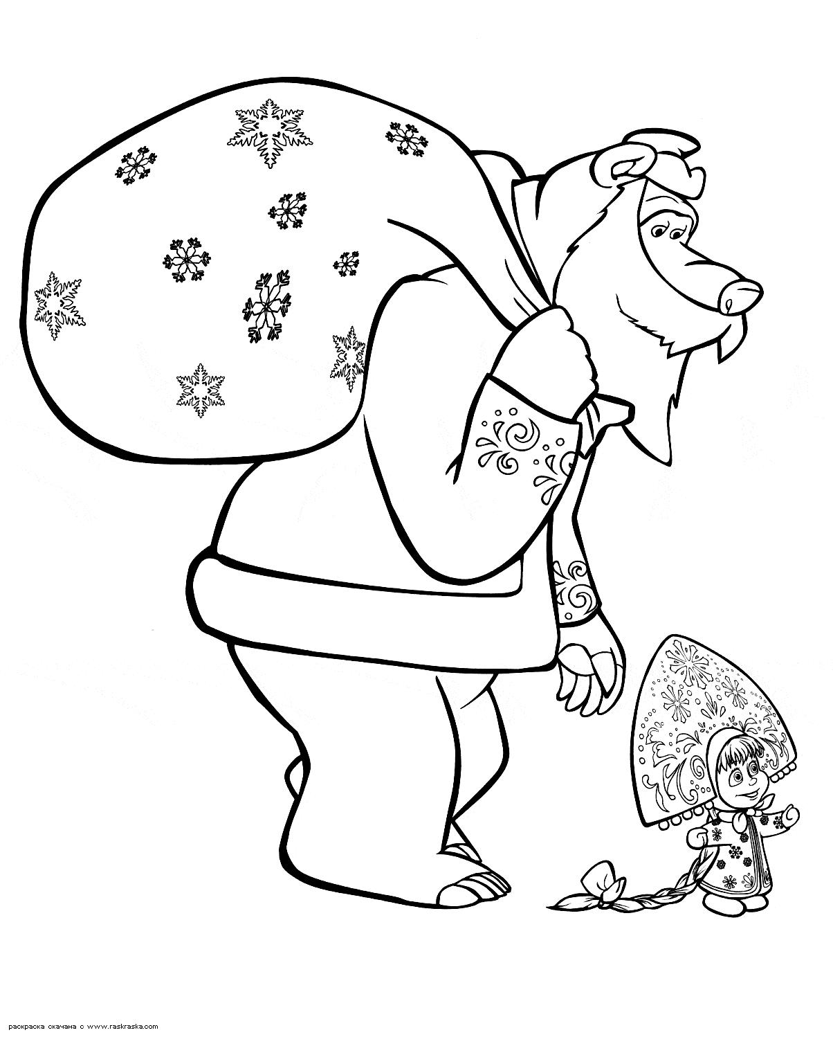 Мишка дед мороз и маша снегурочка Раскраска сказочная зима