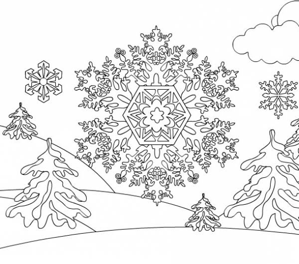 Большие снежинки в лесу Зимние раскраски для малышей