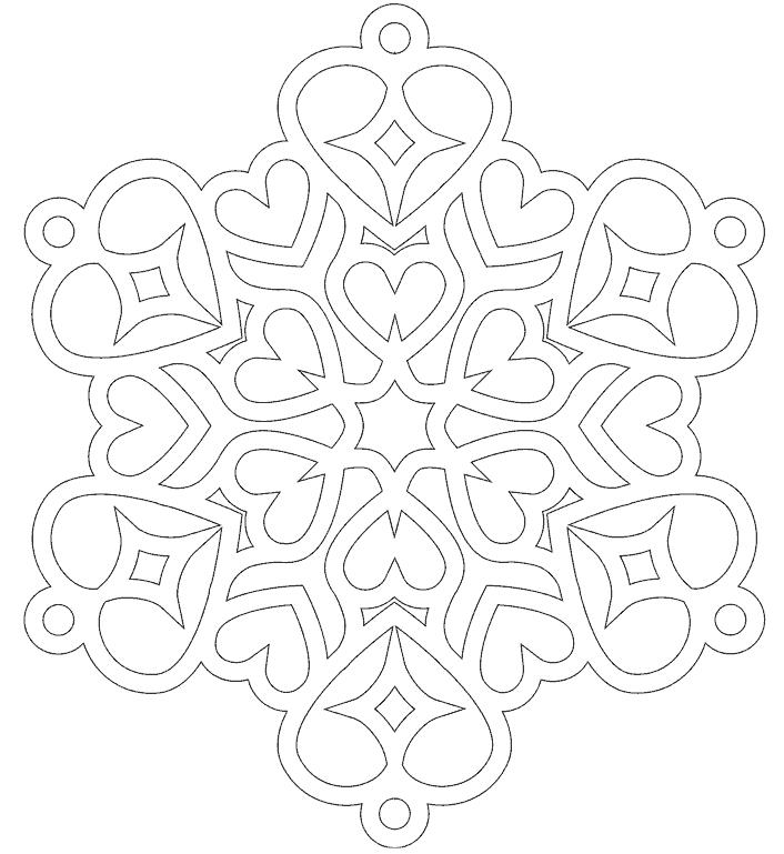 Снежинки узором в сердечки Зимние раскраски для малышей