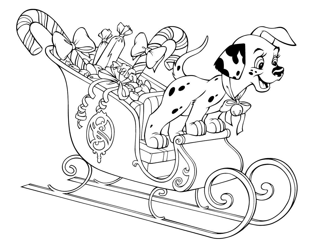 Долматинец в санях Зимние раскраски для малышей