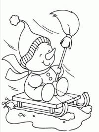 Снеговик на санках Раскраска зима распечатать