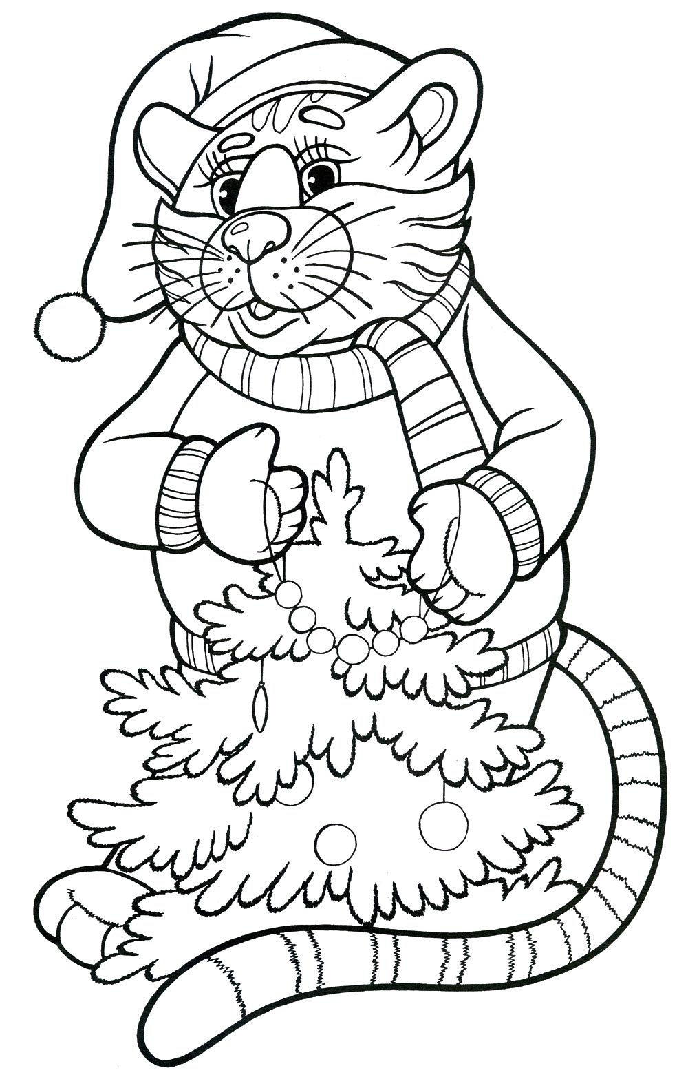 Тигр с елочкой Раскраска зима