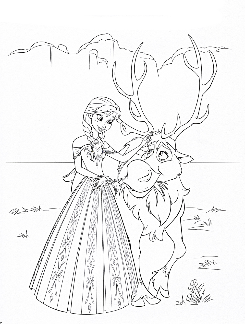 Принцесса с оленем Раскраска зима распечатать