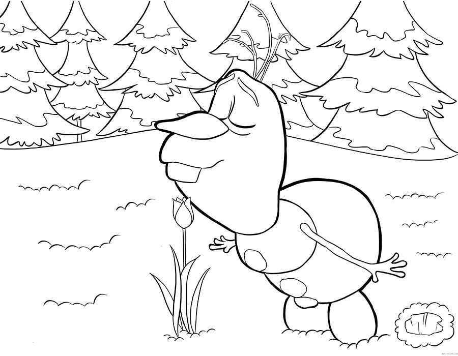 Снеговик олаф нюхает цветочек Зимние раскраски для мальчиков