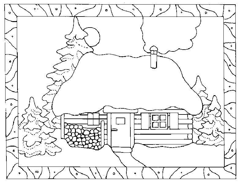 Зима в лесу, сторожка лесника Раскраска сказочная зима