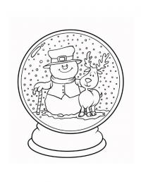 Снеговик с оленем в снежном шаре Раскраски зима распечатать бесплатно