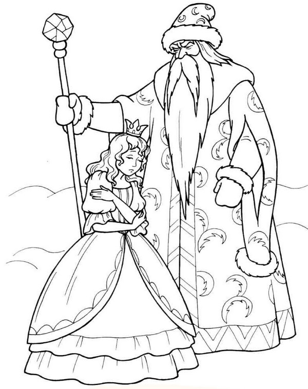 Дед мороз и принцесса Раскраска сказочная зима