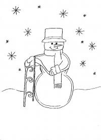 Снеговик с санками под снегом Раскраска зима распечатать