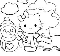 Hello kitty и снеговик Детские раскраски зима распечатать