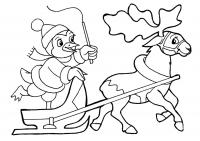 Северный олень везет пингвина на санях Зимние раскраски для малышей