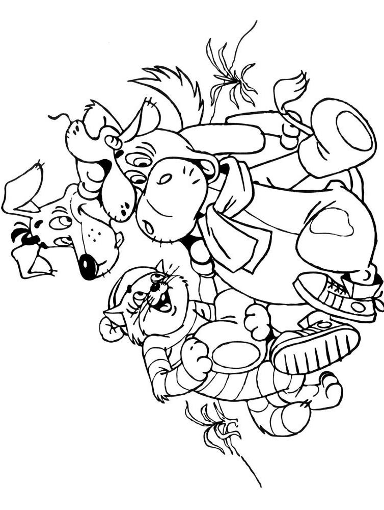 Простоквашино, кот и пес одевают буренку в шапку и валенки Раскраски зимушка зима