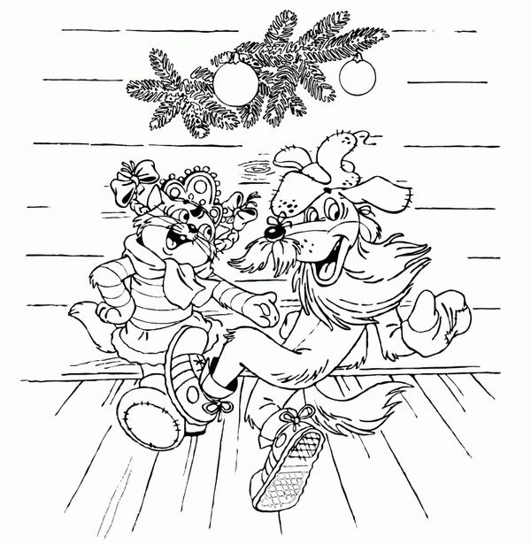 Простоквашино, кот и пес танцуют в костюмах снегурочки и деда мороза Зимние раскраски для малышей