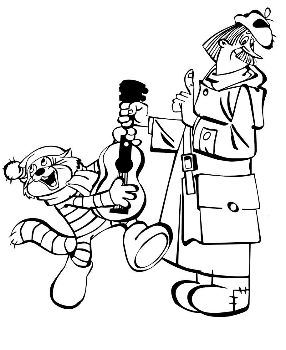 Простоквашино, почтальон печкин и кот матроскин с гитарой Раскраски зима скачать бесплатно