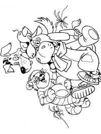 Простоквашино, кот и пес одевают буренку в шапку и валенки Раскраска сказочная зима