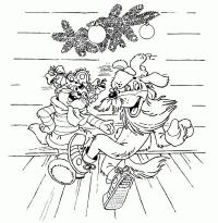 Простоквашино, кот и пес танцуют в костюмах снегурочки и деда мороза Раскраска сказочная зима