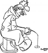 Простоквашино, почтальон печкин на зимней рыбалке Раскраска сказочная зима