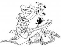 Простоквашино, кот ипес летят на лыжах Раскраска сказочная зима
