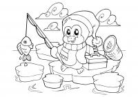 картинки на рабочий стол онлайн Пингвин на рыбалке Зимние раскраски для девочек