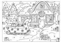 Сани возле украшенного дома Раскраска зима распечатать