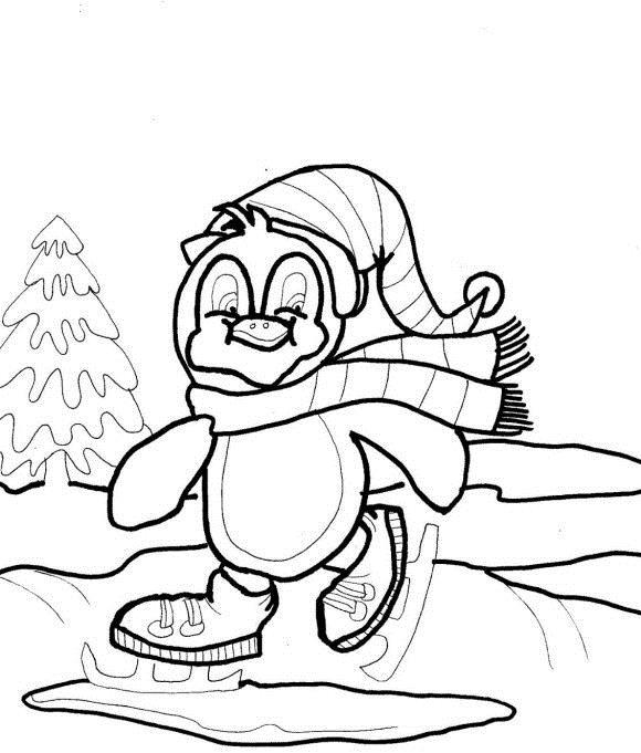 Пингвин на коньках Зимние раскраски для малышей